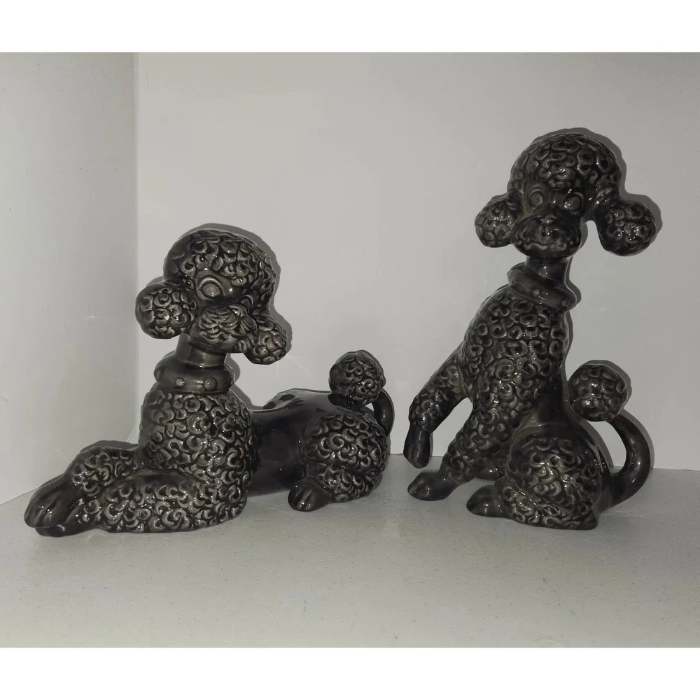 Vintage Mid Century Modern Gray Ceramic Shelf Poodles Dog Decor Signed Reiber